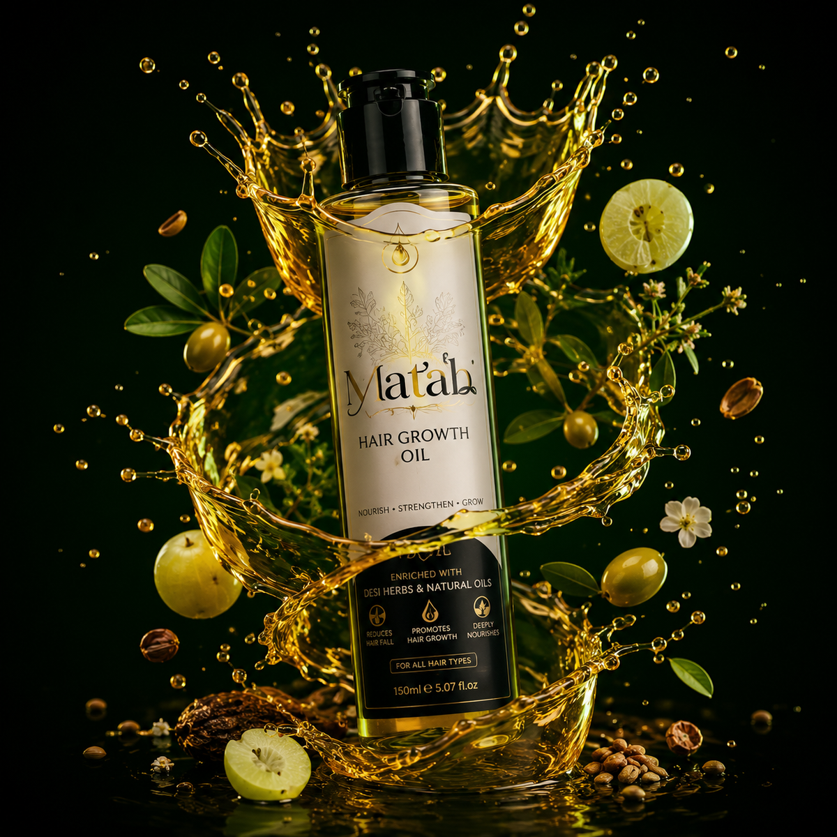 A bottle of Matab Hair Growth Oil centered against a dark background, surrounded by a dramatic golden liquid splash, olives, herbs, and small flowers. The bottle label reads Matali Hair Growth Oil.
