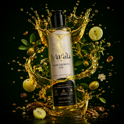 A bottle of Matab Hair Growth Oil centered against a dark background, surrounded by a dramatic golden liquid splash, olives, herbs, and small flowers. The bottle label reads Matali Hair Growth Oil.