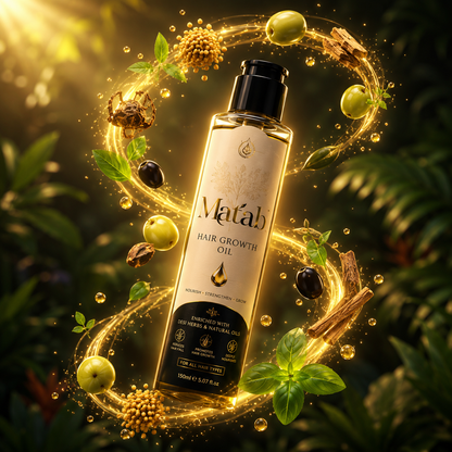 A bottle of Matab Hair Growth Oil is shown in a dramatic, glowing composition surrounded by olive branches, cinnamon, and green leaves against a dark, mystical forest background.