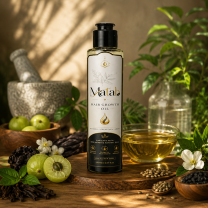 A bottle of Matab Hair Growth Oil stands on a wooden surface surrounded by natural ingredients including green amla fruits, seeds, flowers, a glass bowl of golden oil, and a stone mortar in the background.